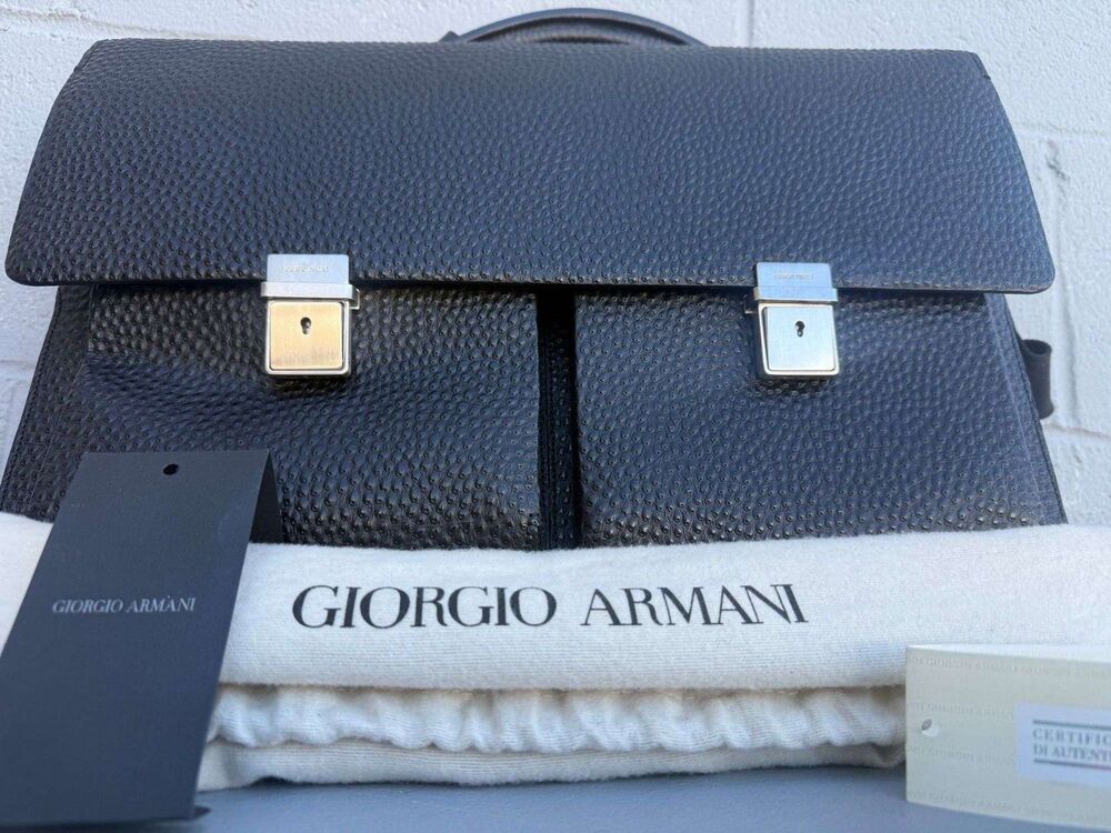 NWT Giorgio Armani Black Pebbled Leather Briefcase Bag Cartella Pavone 580365